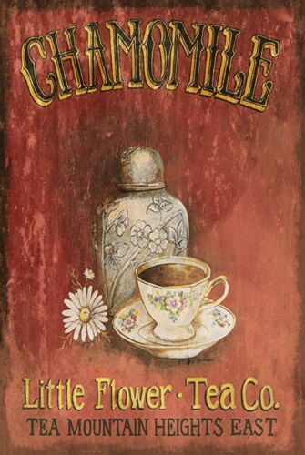 Chamomile Tea - Kamillentee-Werbung, Retro-Vintage-Stil, Metallschild, Blumen, Nachmittagsteezeit